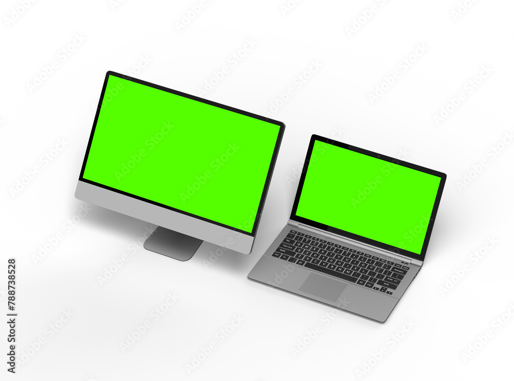 3d render of desktop and laptop with green screen on a light background 3d render of desktop and laptop with green screen on a light background