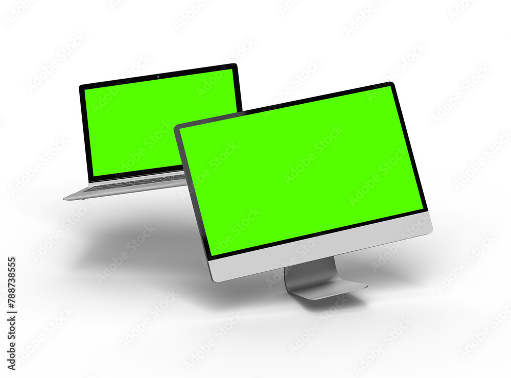 3d render of desktop and laptop with green screen on a light background 3d render of desktop and laptop with green screen on a light background