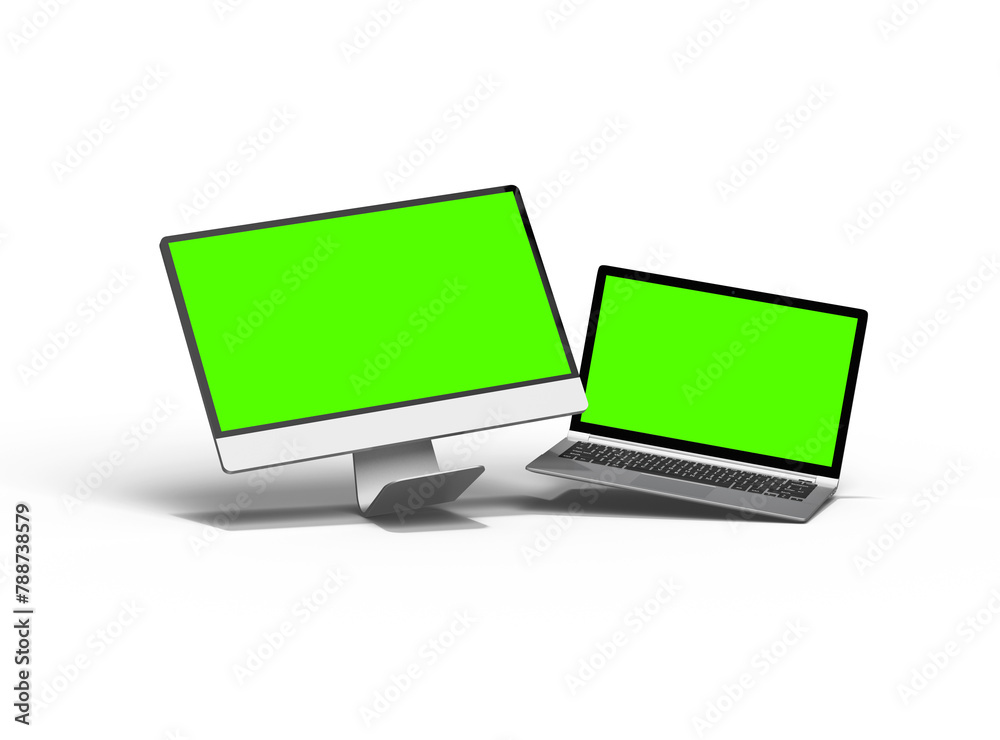 3d render of desktop and laptop with green screen on a light background