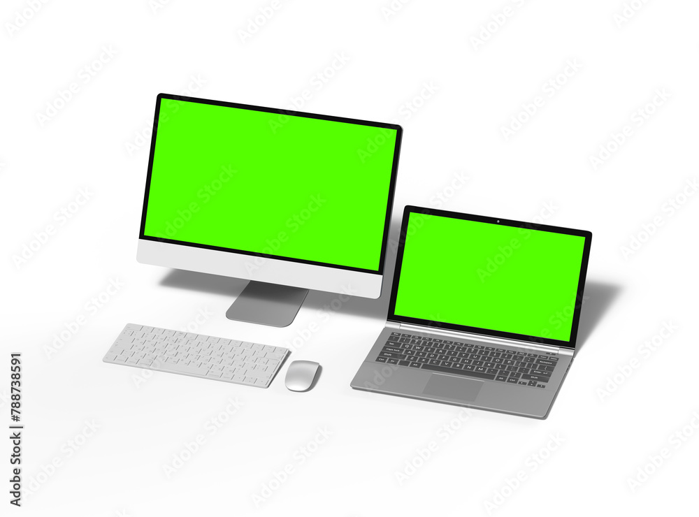 3d render of desktop and laptop with green screen on a light background 3d render of desktop and laptop with green screen on a light background