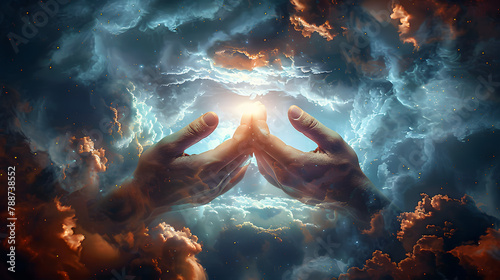 Hands of god or Jesus Christ in the clouds. Human hands open palm up worship. Eucharist Therapy Bless God Helping Repent Catholic Easter Lent Mind Pray. Christian Religion concept background. photo