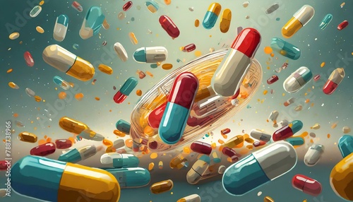 An array of pills and capsules defy gravity on a dark background, symbolizing health and med photo