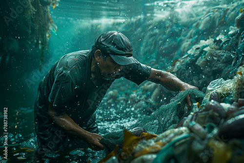 A fisherman casting his net into polluted waters, grappling with declining fish stocks and the collapse of marine ecosystems. Concept of overfishing consequences. Generative Ai. photo