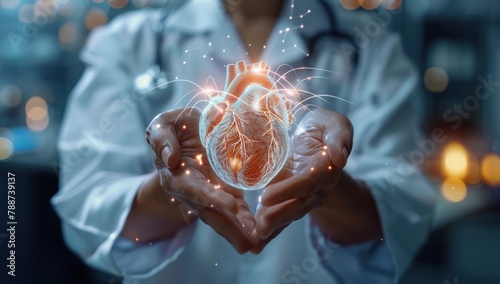 heart in the hands of a doctor, concept of caring for the health of the cardiological system photo