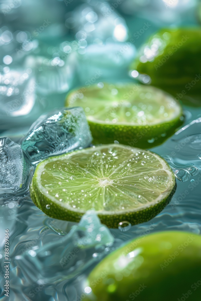 Lime slices with Ice in Soda Close-up Lime slices with Ice in Soda Close-up