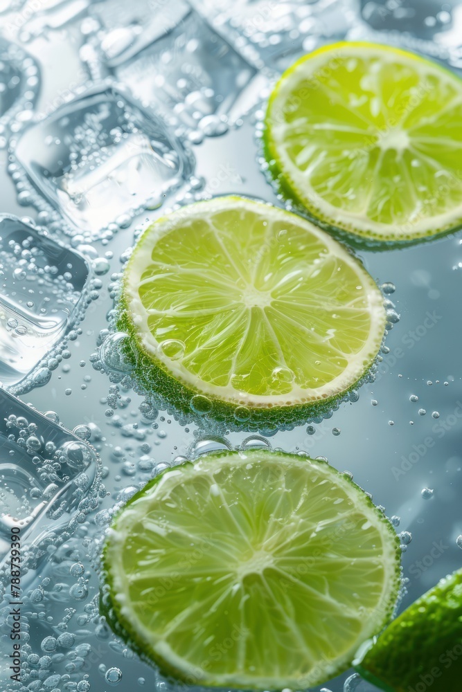 Lime slices with Ice in Soda Close-up