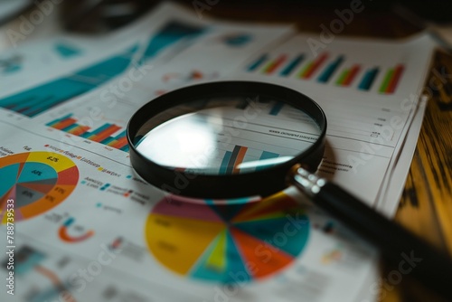 Printed business documents with colorful charts and magnifying glass, finding business secret closeup, business charts closeup, successful business charts with magnifying glass