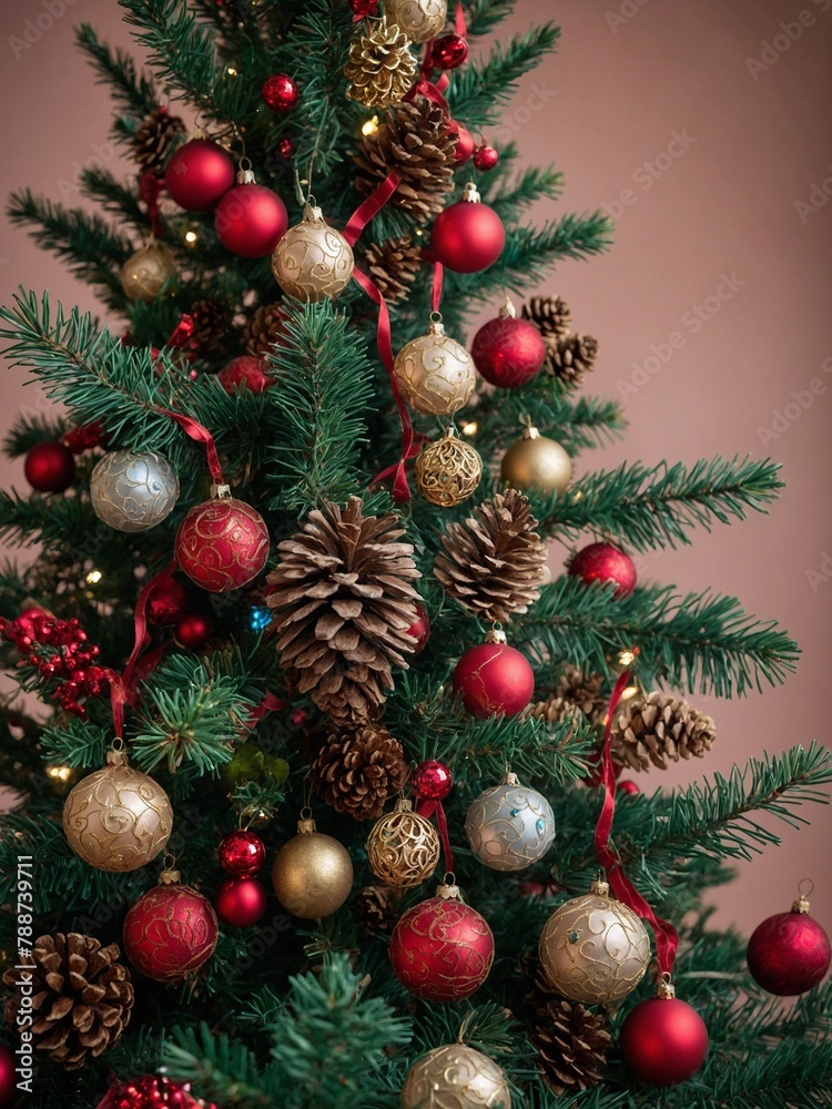 Christmas tree stands adorned with ornaments, lights, creating festive scene. Red, gold baubles hang from branches, interspersed with natural pinecones, delicate ribbons. Christmas tree stands adorned with ornaments, lights, creating festive scene. Red, gold baubles hang from branches, interspersed with natural pinecones, delicate ribbons.