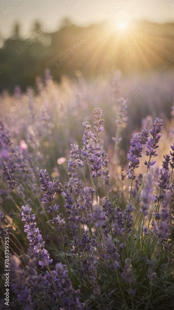 Fototapeta premium Sun sets over field of lavender in full bloom. Purple flowers stand tall, proud, their delicate petals swaying gently in breeze. Warm glow of setting sun bathes field in soft light, creating peaceful.