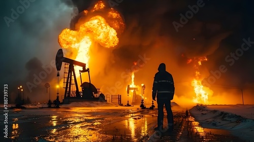 Firestorm at the Oil Fields: A Stark Glimpse into Environmental Despair. Concept Environmental Crisis, Oil Industry, Climate Change, Devastation, Industrial Pollution