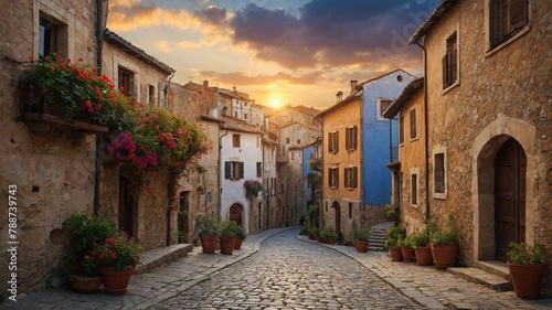 Sun sets over charming european village, casting warm glow on cobblestone street, colorful buildings. Vibrant flowers spill from window boxes, terracotta pots lining narrow street. photo