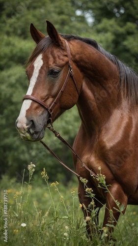 Brown horse with white stripe on its face stands in field of green grass  wildflowers. Horse wearing leather bridle  has long  flowing mane  tail. Horse s coat deep chestnut color  its eyes dark.