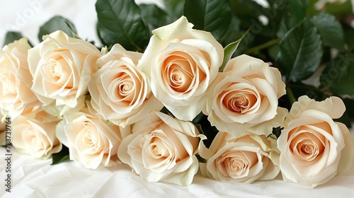   A table is adorned with a white tablecloth and several bunches of white roses  each accompanied by green leaves