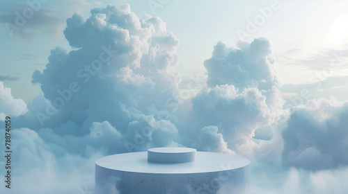 Fototapeta Naklejka Na Ścianę i Meble -  Cloud background podium blue 3d product sky white display platform render abstract stage pastel scene. Podium stand light minimal cloud background studio dreamy pedestal backdrop smoke geometric