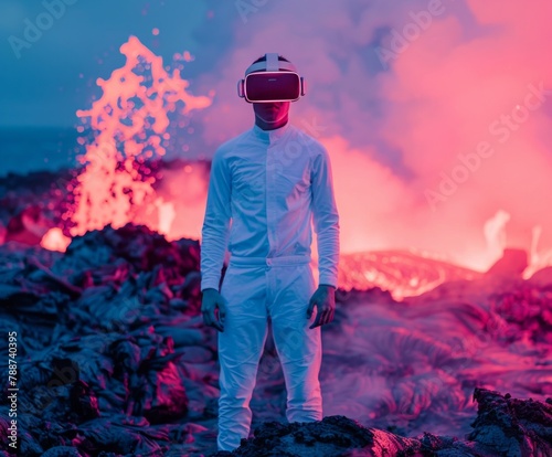 Futuristic technology concept of a young beautiful cyber man with VR glasses, a beauty who lives and goes through virtual reality pastel volcano landscape. © Pastel King