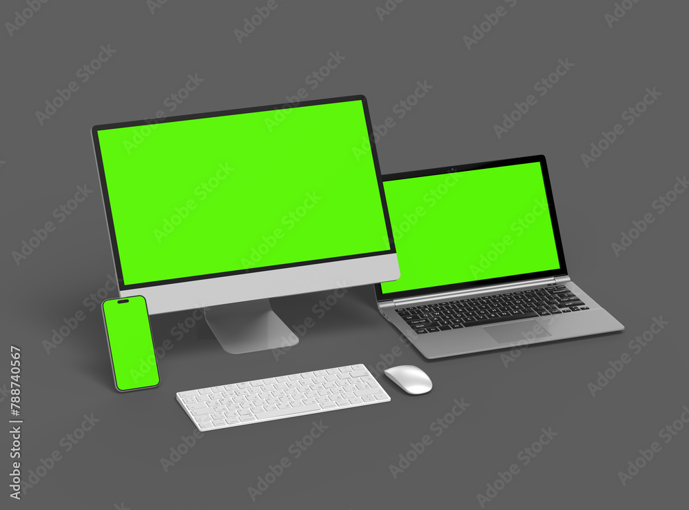 Render of desktop, laptop and smartphone with greenscreen on a dark background Render of desktop, laptop and smartphone with greenscreen on a dark background