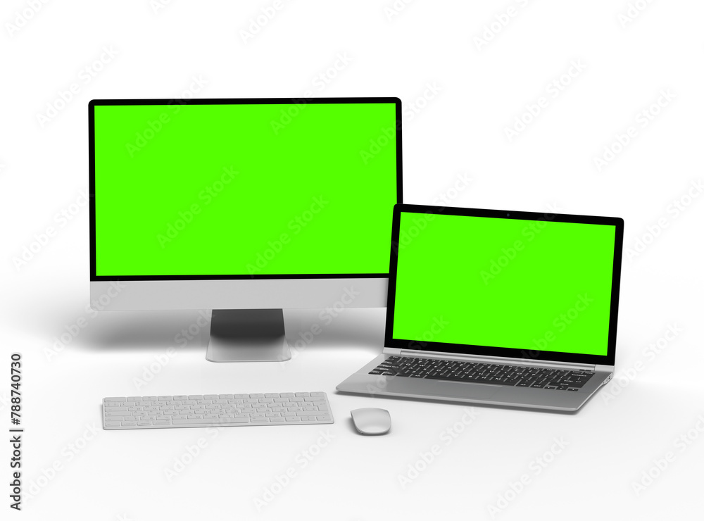3d render of desktop and laptop with green screen on a transparent background 3d render of desktop and laptop with green screen on a transparent background