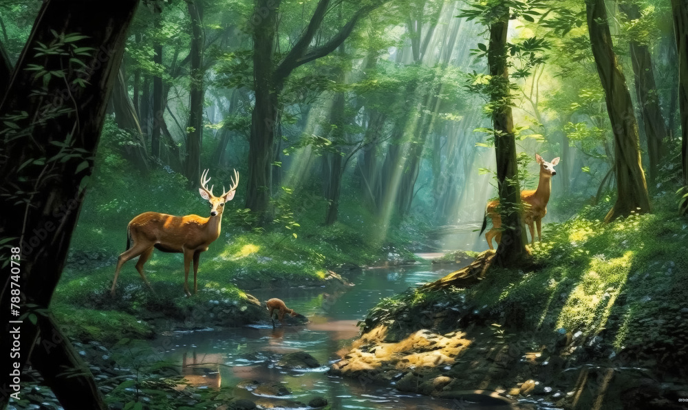 Fototapeta premium A deer is standing in the middle of a forest with a river running through it. The scene is peaceful and serene, with the sunlight filtering through the trees and casting a warm glow on the water