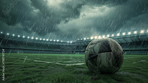 Weathered Soccer Ball on Wet Grass in Rainy Stadium photo