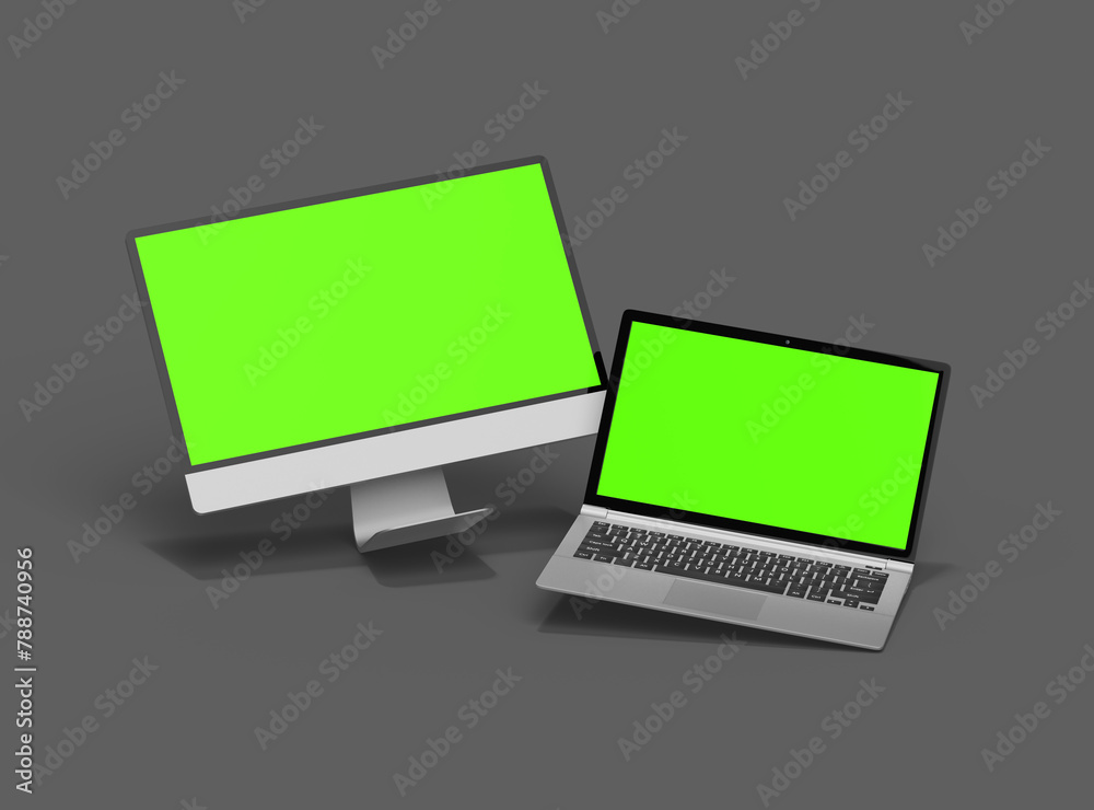 3d render of desktop and laptop with green screen on a dark background 3d render of desktop and laptop with green screen on a dark background