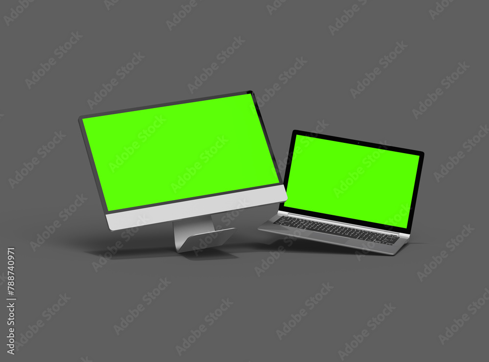 3d render of desktop and laptop with green screen on a dark background 3d render of desktop and laptop with green screen on a dark background