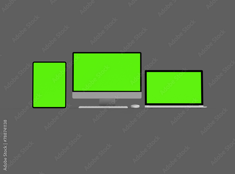 3d render of desktop, laptop and tablet with green screen on a dark background 3d render of desktop, laptop and tablet with green screen on a dark background