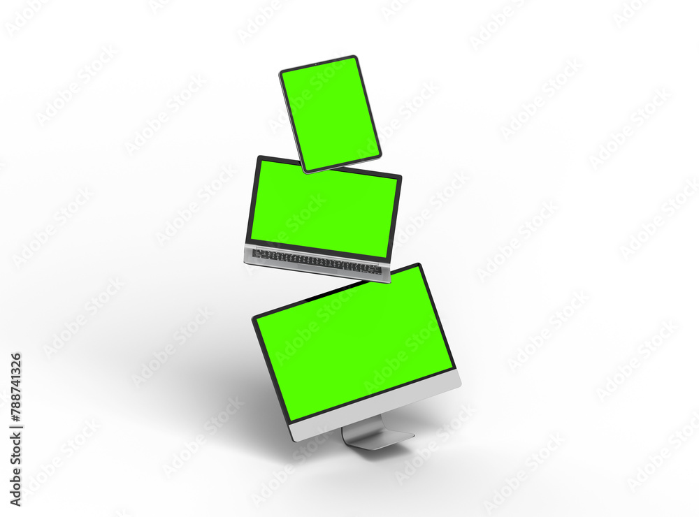 3d render of desktop, laptop and tablet with green screen on a transparent background 3d render of desktop, laptop and tablet with green screen on a transparent background