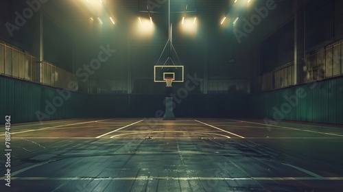 Dimly lit basketball court providing a focused atmosphere for practice. The single hoop stands out in the quiet gym. Concept of basketball, individual workouts, and atmospheric sports environments. photo