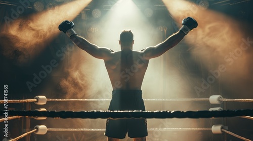 Male boxer with arms raised in victory, basking in glow of success. Athlete's triumph in boxing ring spotlight. Man in boxing gloves. Concept of winning, athletic achievement