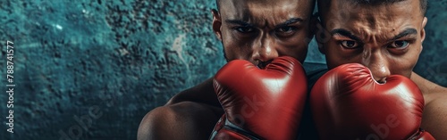 Two African American male boxers in boxing gloves facing camera on textured blue background. Close-up sports portrait. Design for fight club poster, banner, and sports advertising. Copy space photo