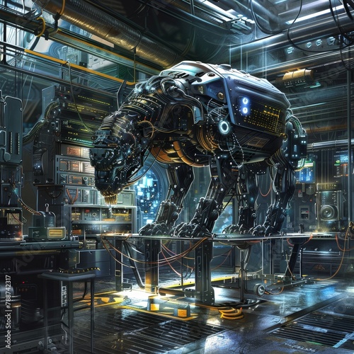 A robotic dog stands on a workbench in a futuristic laboratory. Cyberpunk illustration showcasing advanced technology and engineering, with a focus on animal-inspired robotics.