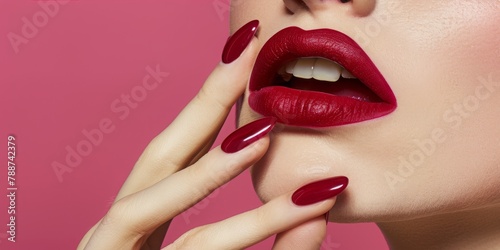 Lustrous Red Lips Matched with a Perfect Manicure, Exuding Glamour and Fashionable Confidence, Generative AI