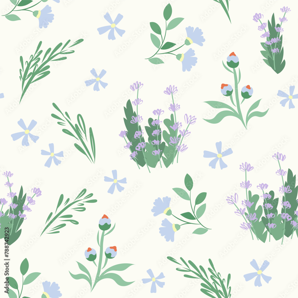 Pattern of flowering lavender bushes. Spring blue wildflowers, blooming background. Hand drawn vector wallpaper for fabric, prints, invitations, covers. Delicate summer seamless textile design Pattern of flowering lavender bushes. Spring blue wildflowers, blooming background. Hand drawn vector wallpaper for fabric, prints, invitations, covers. Delicate summer seamless textile design