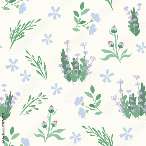 Pattern of flowering lavender bushes. Spring blue wildflowers, blooming background. Hand drawn vector wallpaper for fabric, prints, invitations, covers. Delicate summer seamless textile design
