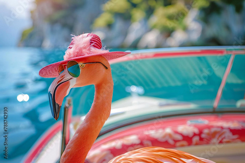 Happy gentleman in pink sunglasses driving luxury cabrio photo