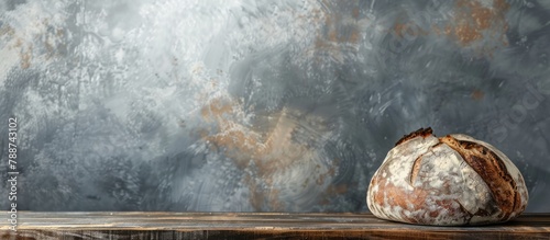 Fresh sourdough bread made at home displayed on a wooden surface against a gray backdrop, with space available for text.