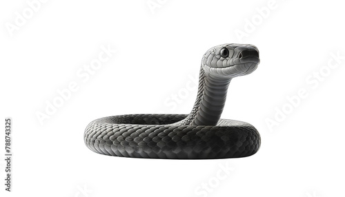 A black mamba snake coiled up on itself with its head raised and facing the viewer.