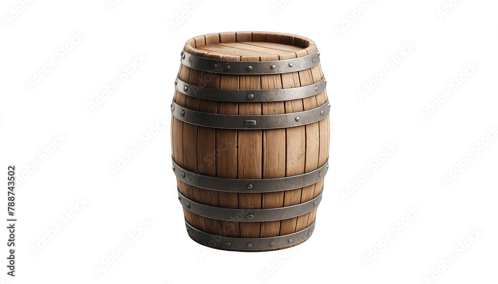 A wooden barrel with metal hoops around it.