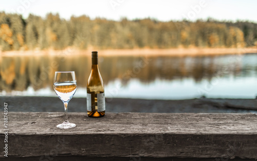 two wine glasses by a peaceful lake, summer travel concept 
