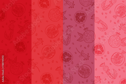 pomegranate hand draw pattern on  4 colorful backgrounds. Outline fruit with leaves. Vector illustration.	