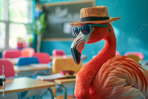 Selective young flamingo raises sunglasses in classroom back photo
