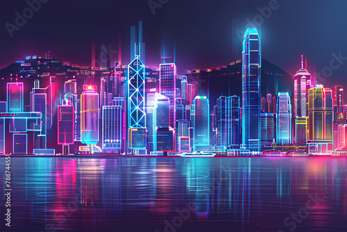 Hong Kong city neon lights night skyline vector outline glowing