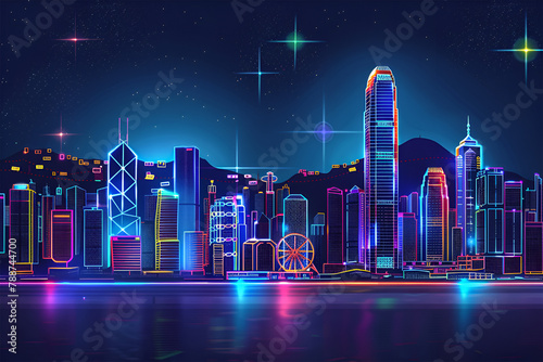 Hong Kong city neon lights night skyline vector outline glowing