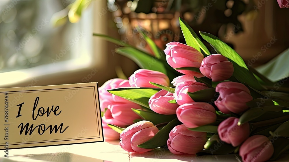 A charming display of pink tulips alongside a card bearing the sweet message I love mom rests gracefully on the table next to the sunlit window embodying the essence of Mother s Day - obrazy, fototapety, plakaty 