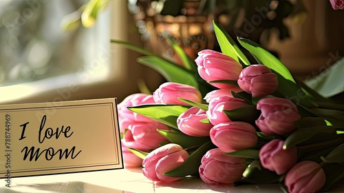 A charming display of pink tulips alongside a card bearing the sweet message I love mom rests gracefully on the table next to the sunlit window embodying the essence of Mother s Day © 2rogan