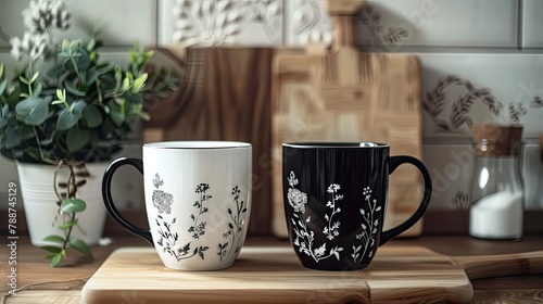 Presenting a mock up of mother s day gift ideas featuring stylish 12oz and 15oz black and white coffee mugs adorned with charming flower designs against a backdrop of a cutting board