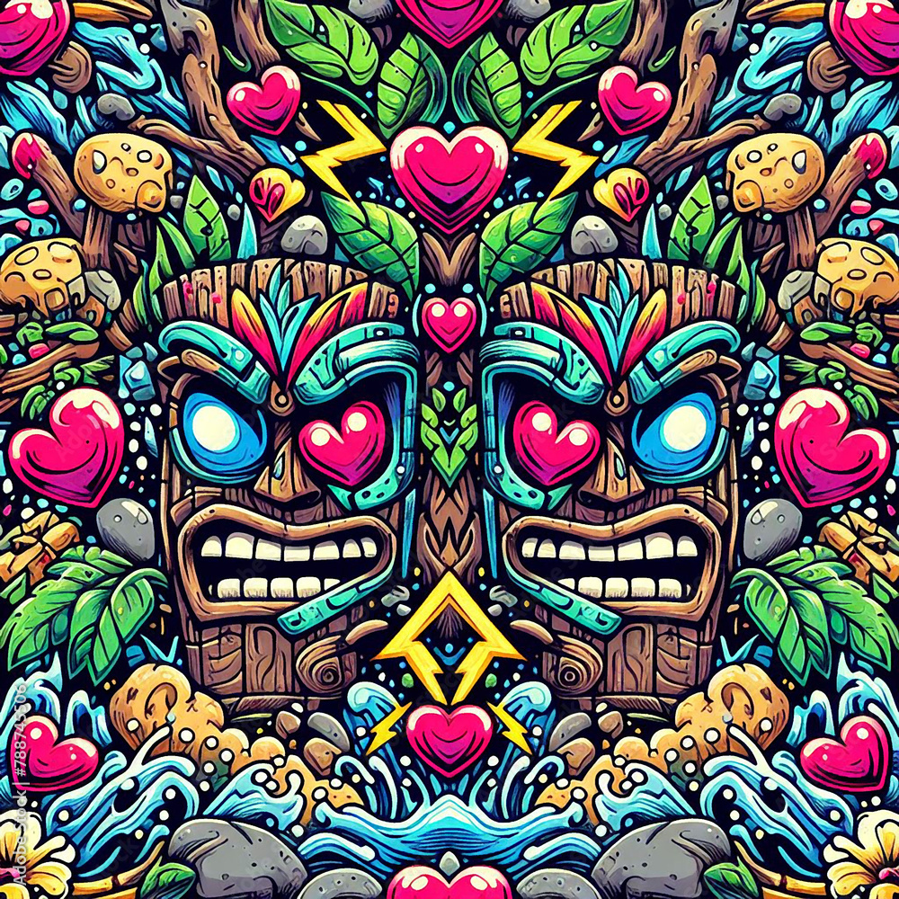 funny cartonized tiki mask pattern 