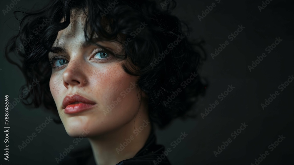 Close-up portrait of a beautiful young brunette woman in a turtleneck with short curly hair
