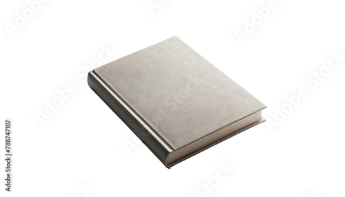 A silver book with white pages.