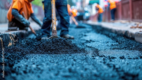 Road construction workers laying asphalt on a newly repaired street, enhancing infrastructure for smoother and safer travel. photo